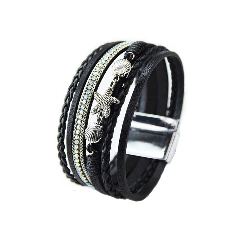 Boho Starfish Sea Shell Charm Multi-Layer Leather Bracelet Rhinestone Braided Wide Cuff Jewelry for Women Hand Jewelry Accessory