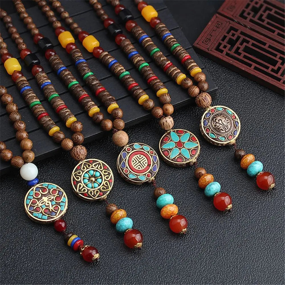 Nepal Wood Bead Tassel Sweater Chain Necklace Jewelry