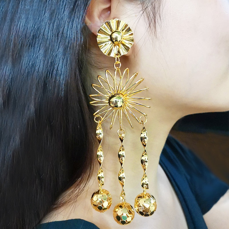 Long Hanging Earrings For Women Dubai African Beads Flower Drop Dangle Earring 24K Gold Plated Copper Fashion Jewelry Accessory - Charlie Dolly
