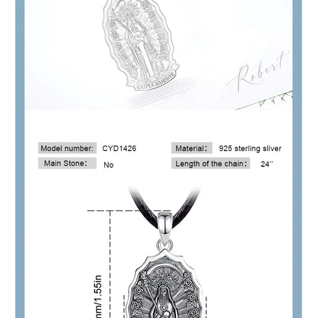 S925 Sterling Silver Santa Muerte Pendant Necklace, Holy Death Mexican Devotional Amulet