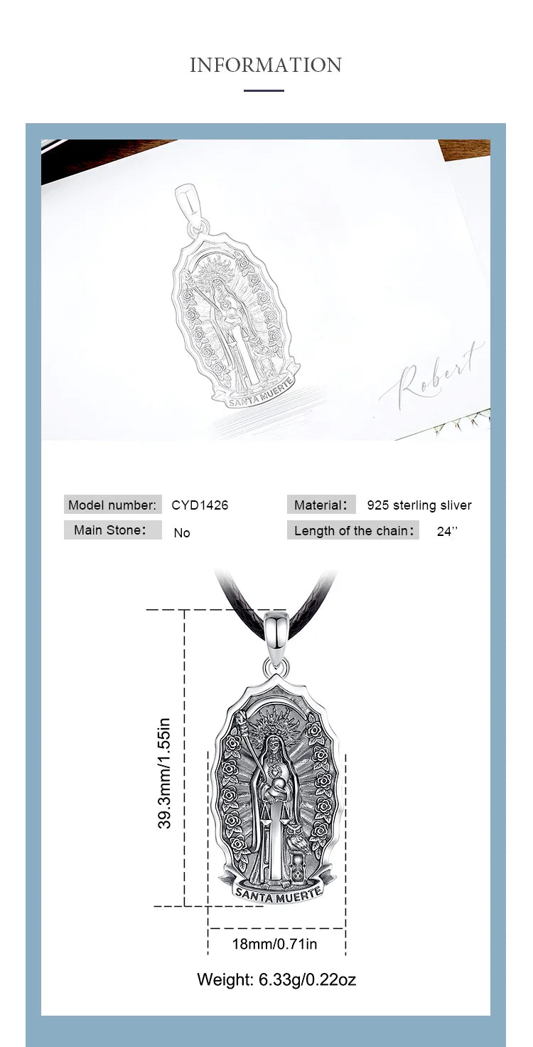 Eudora 925 Sterling Silver Santa Muerte Necklace for Women Man Holy Death Scythe Mexican Pendant Personality Jewelry Fine Gift