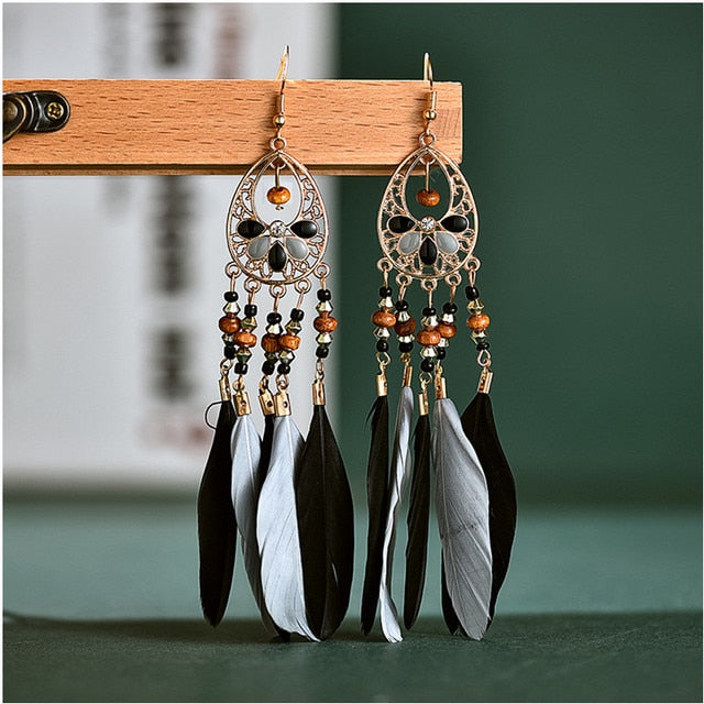 Fashion Earrings Bohemian Ethnic Style Leaf Earrings Jewelry Retro Long Tassel Colorful Feather Earrings Jewelry Gift - Charlie Dolly