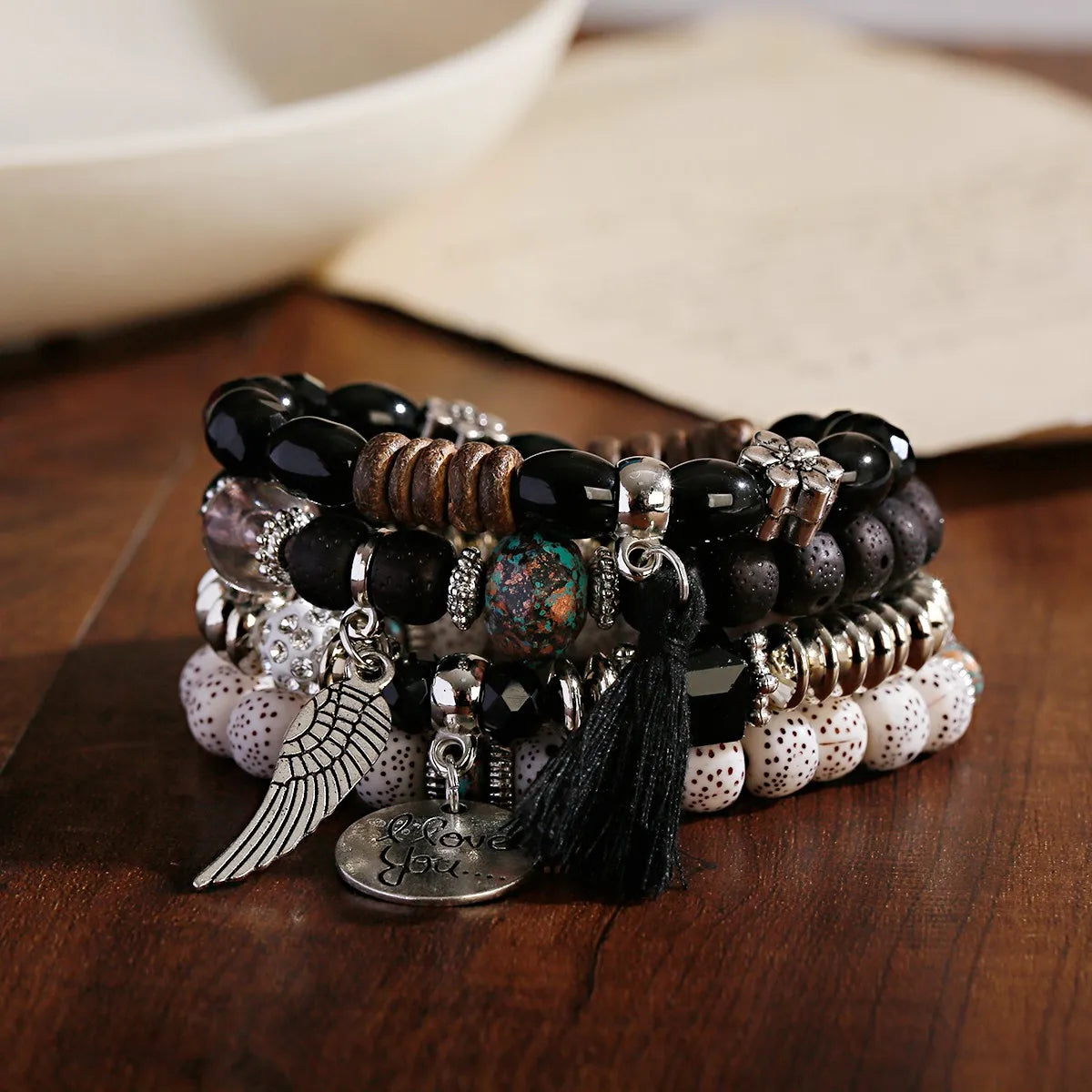 New Bohemian White Beads Tassel Bracelets Set Women Natural Lava Stone Alloy Wing Pendant Charm Bangle Boho Jewelry