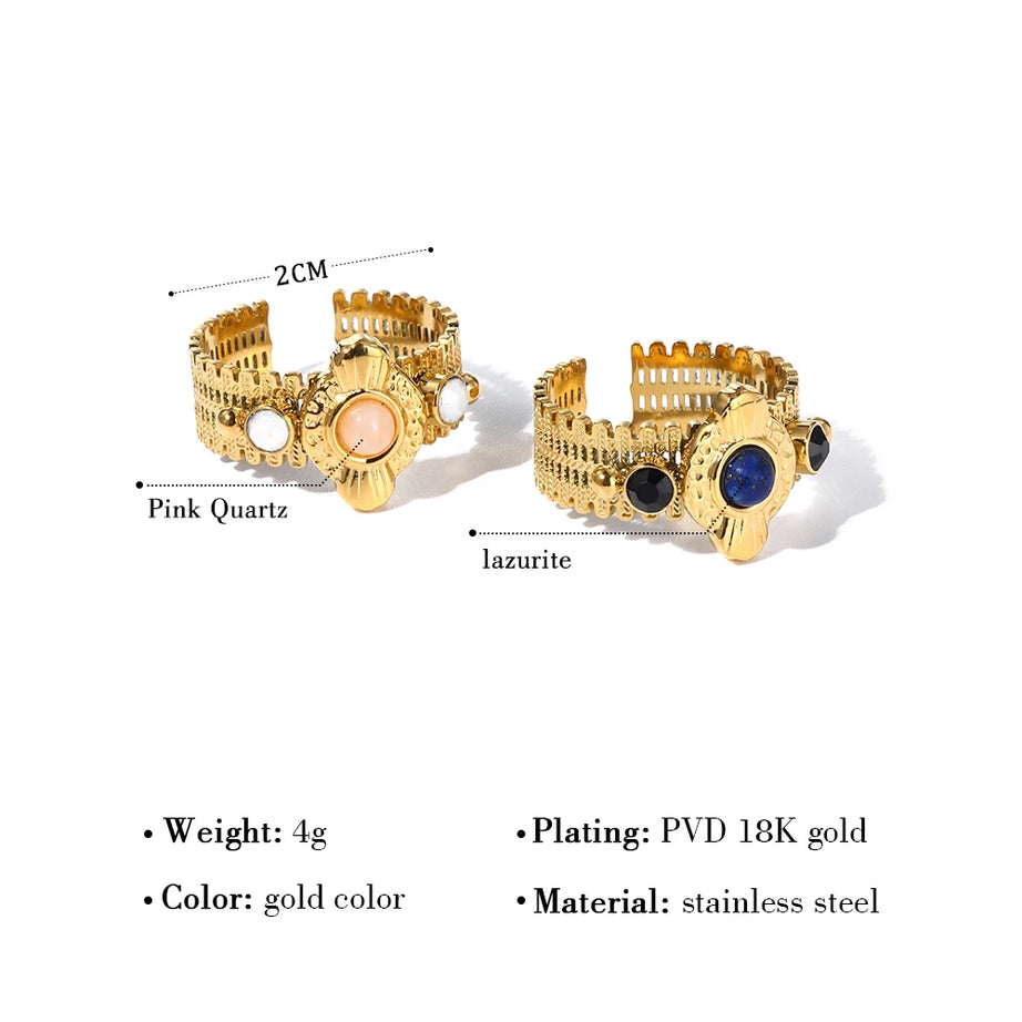 YACHAN Boho Vintage Stainless Steel Rings for Women Pink Natural Stone Lazurite 18K Gold Plated Aesthetic Trend Jewelry - Charlie Dolly