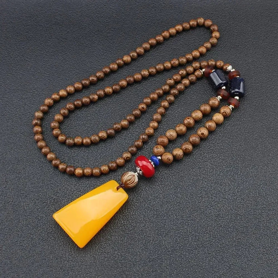 Nepal Wood Bead Mala Pendant Necklace Jewelry