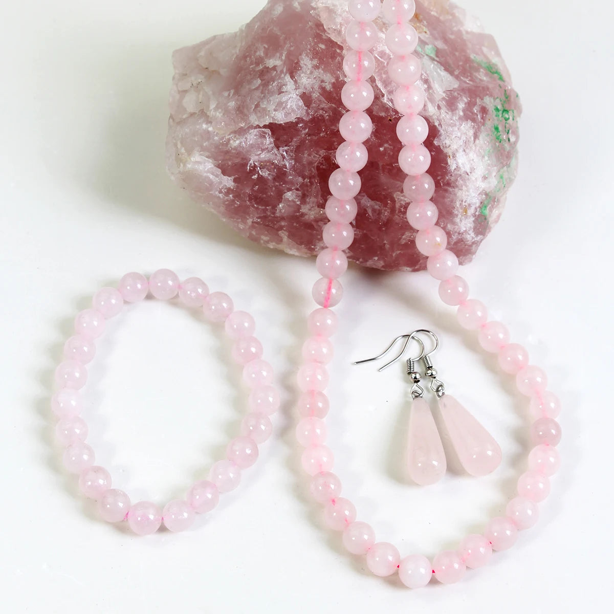 3PCS Natural Stone Rose Quartz Round Beaded Necklace Bracelet Earrings Jewelry Set Boho Women's Sweet Handmade Accessories