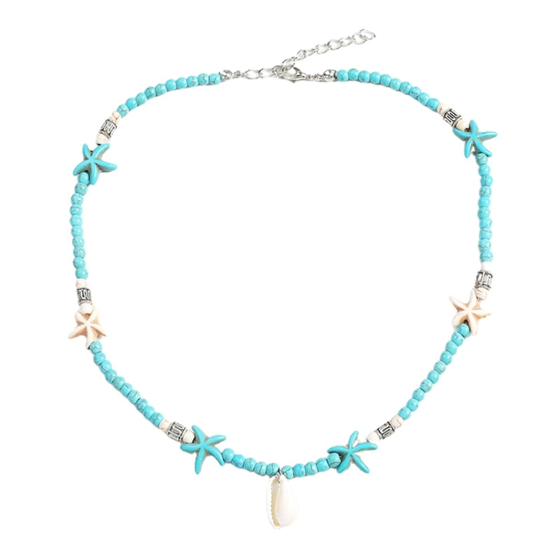 Bohemian Natural Stone Shell Pendant Short Necklace for Women Starfish Beads Chokers Female Collar Summer Jewelry