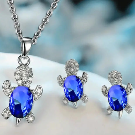 Sea Turtle Necklace & Earrings Set of 3, Silver-Plated Multi-Color Glass Ocean Jewelry