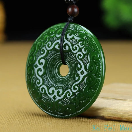 Natural Jade Double-Sided Carved Round Amulet Pendant, Sacred Talisman Necklace