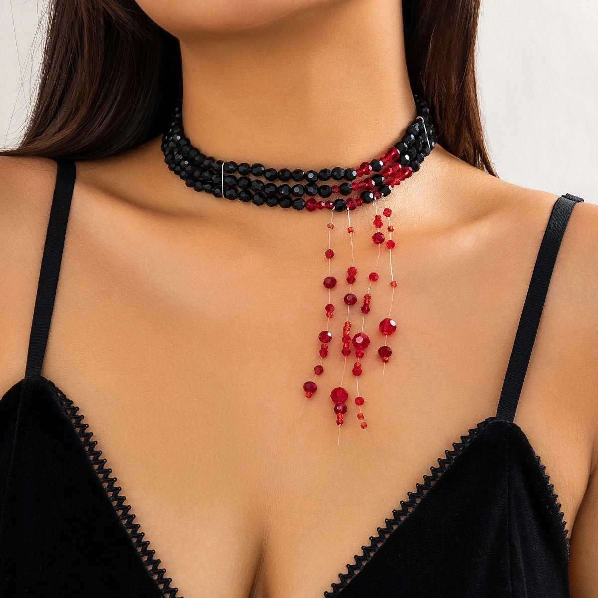 Salircon Gothic Multi layered Black Crystal Bead Choker Fashion Red Bead Tassel Pendant Necklace Women Halloween Cosplay Jewelry - Charlie Dolly