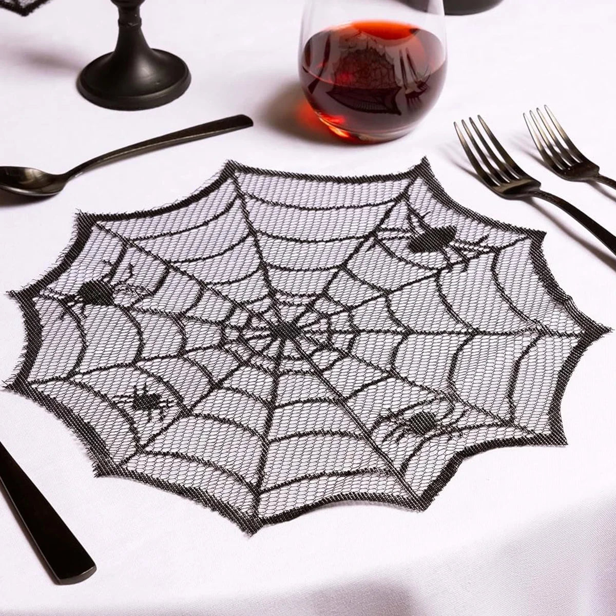 Halloween Black Lace Placemat Happy Halloween Party Decorations 2024 For Home Spider Web Tablecloth Kitchen Dining Table Covers - Charlie Dolly