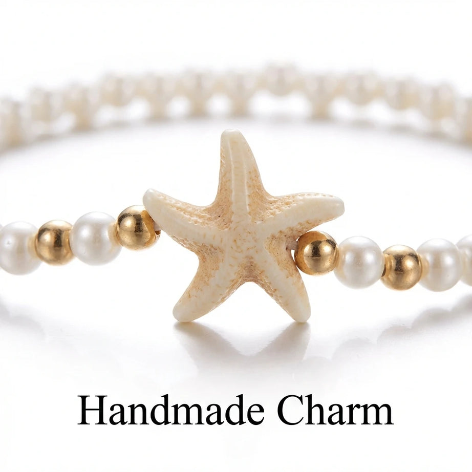 Polymer Clay Heishi Bead and Shell Starfish Anklet Set (2 Pieces)