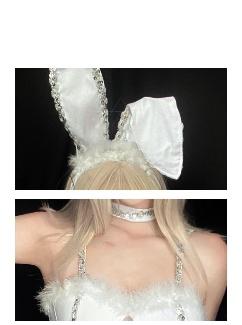 Sexy Rabbit Costume Cosplay White Bunny Girl Suspender Bodysuit Women Jumpsuit Set Halloween Stage Show Carnival Club Clothes - Charlie Dolly