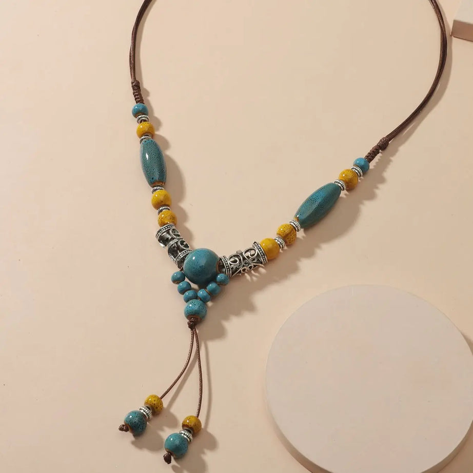 Simple Ceramic Bead Tassel Long Necklace Jewelry