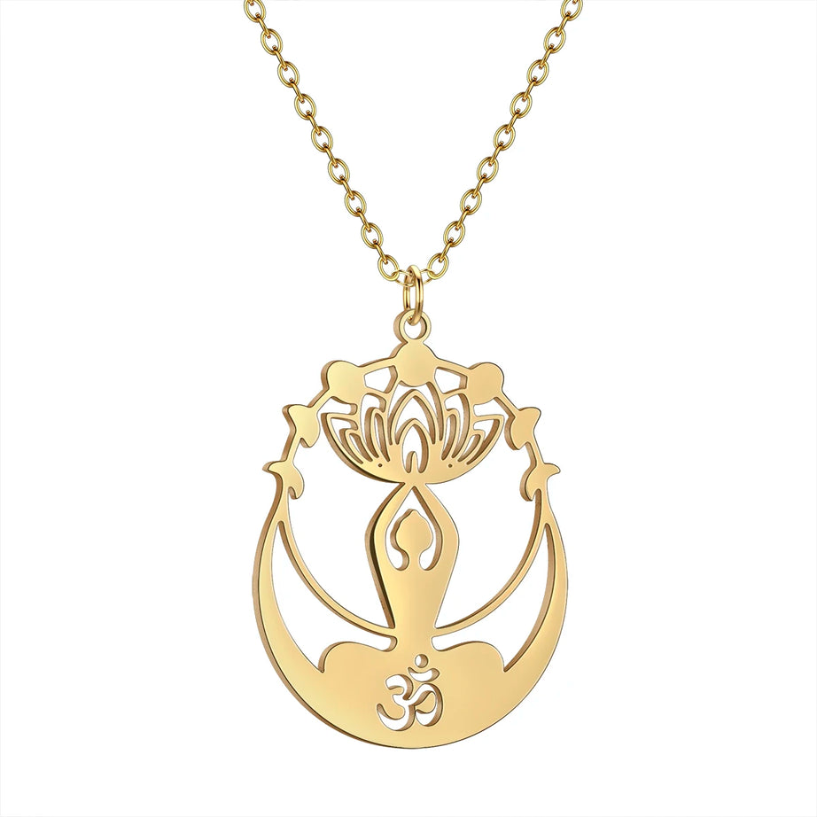 Om Buddha Lotus & Crescent Moon Amulet Necklace, Sacred Yogic Talisman
