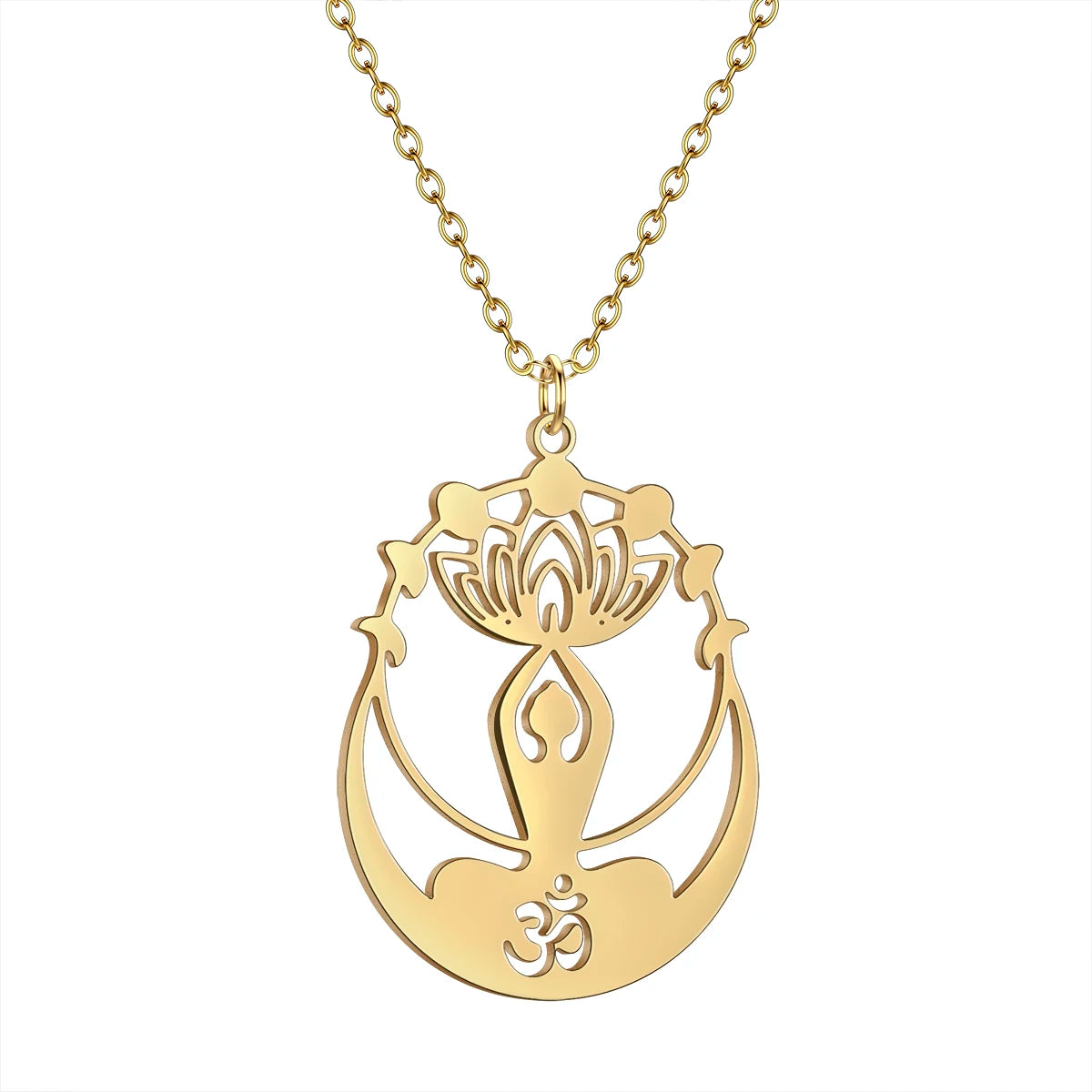 Kinitial Buddhism Yoga Lotus Flower Pendant Necklace For Women Stainless Steel OM Buddha Crescent Moon Amulet Protector Jewelry