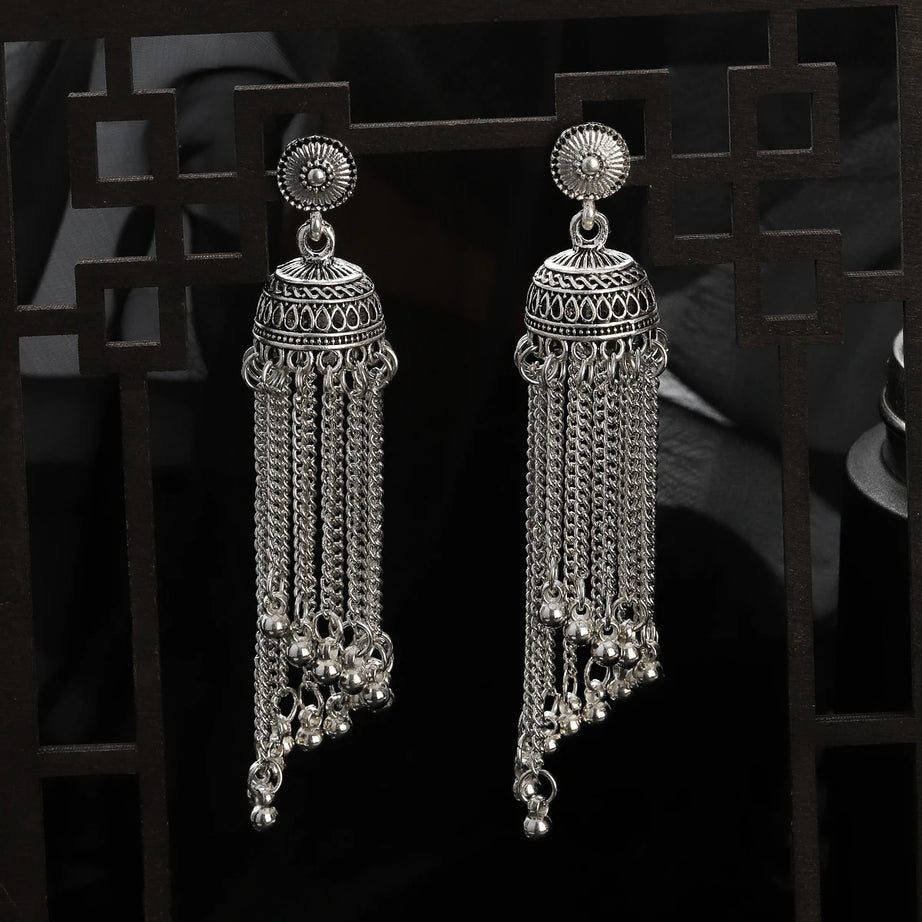 Silver Chain Tassel Bell Long Earrings Jewelry