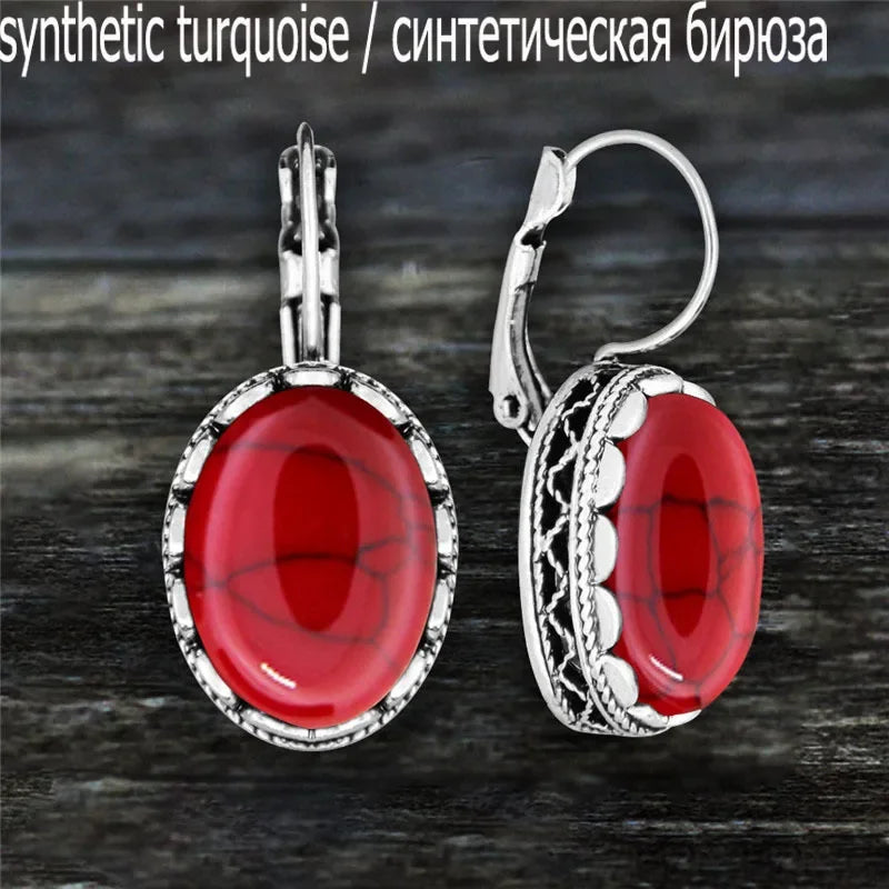 Oval Amethysts Earrings For Women Tibetan Silver Natural Stone Rose Quartz Lapis Lazuli Tiger Eye Fashion Earring