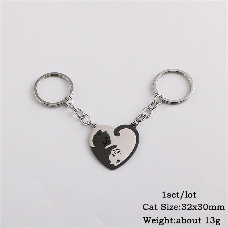 2pcs Cute Black Cat Keychain Patchwork Heart Round Couple Lovers Keyring Stainless Steel Backpack Car Key Ring Hanging Jewelry - Charlie Dolly