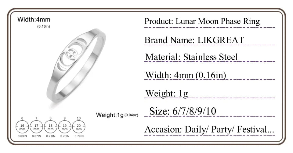 LIKGREAT Trendy Moon Phase Ring Crescent Moon Finger Rings for Women Men Stainless Steel Romantic Lucky Jewelry Boho Gift Amulet