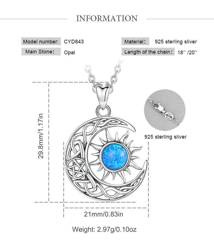 EUDORA 925 Sterling Silver Sun Moon Necklace for Women Man  Pentagram Viking Celtic knot Moon Pendant Fine Jewelry party Gift