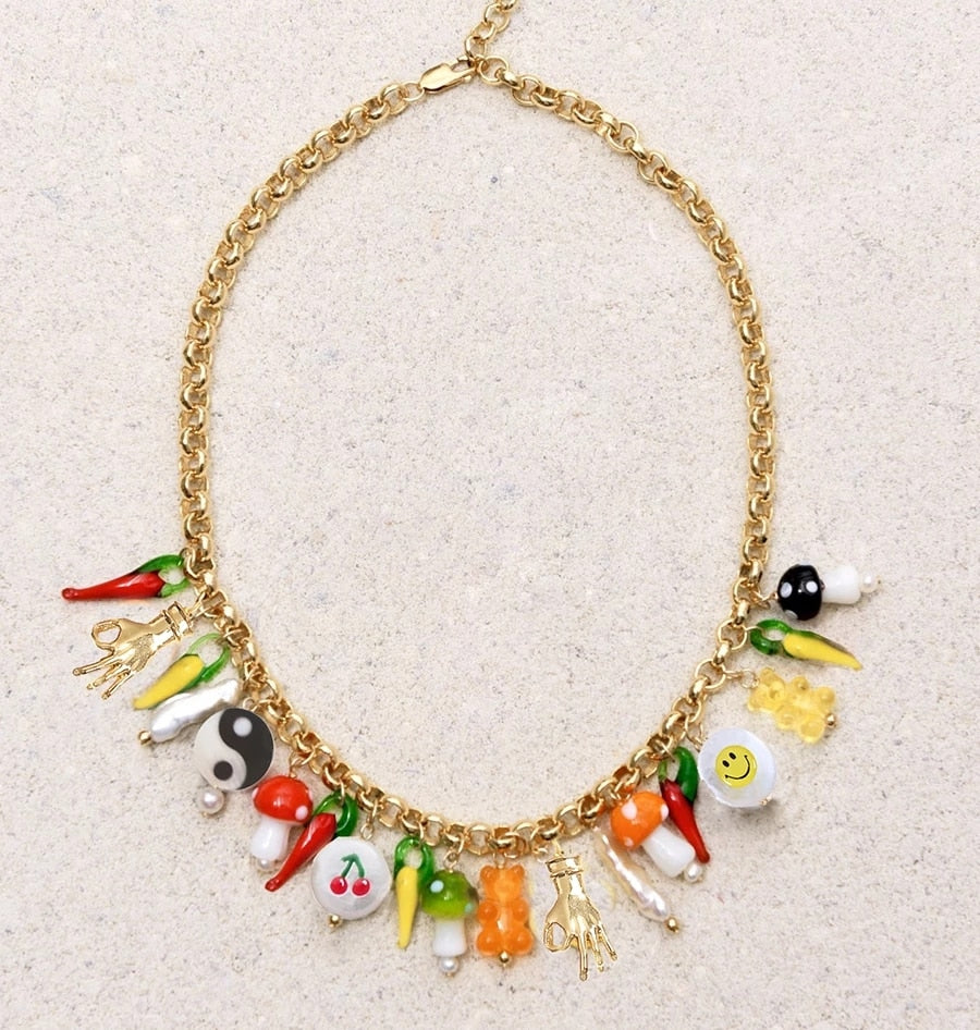 Goth freshwater pearl necklace women yellow smile beads coral Vintage Multi Layer Link Chain Necklace Punk Aesthetic Jewelry - Charlie Dolly