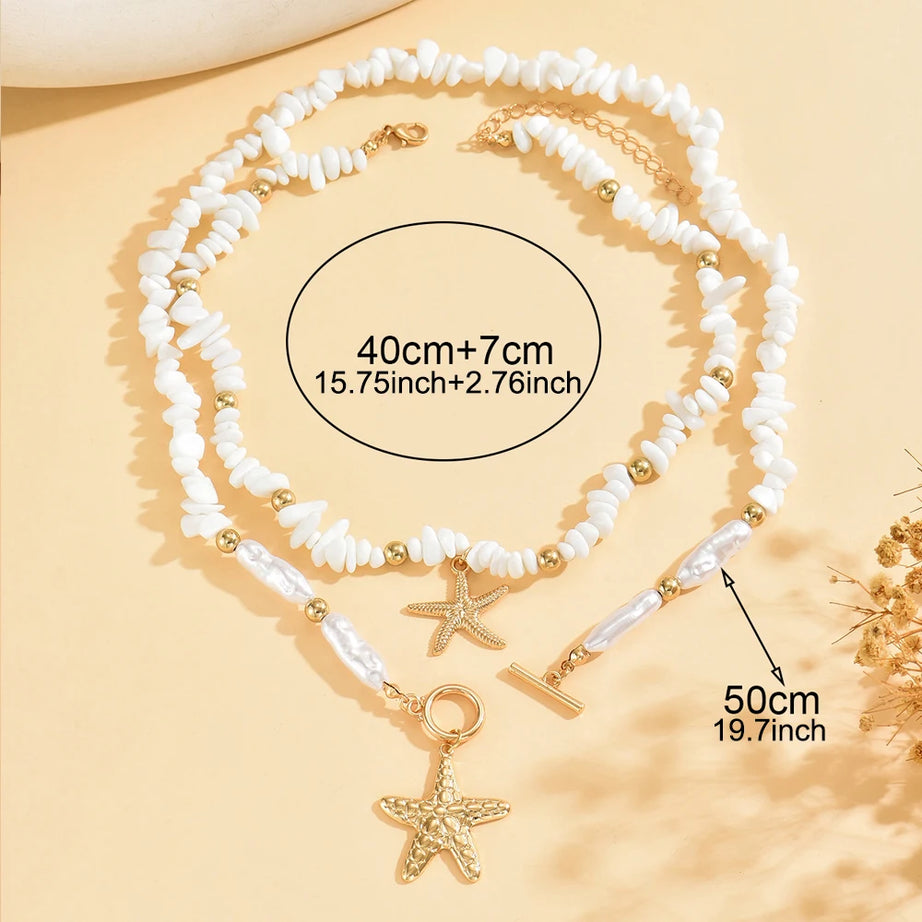 White Stone Chip Pearl Starfish Layered Set Jewelry
