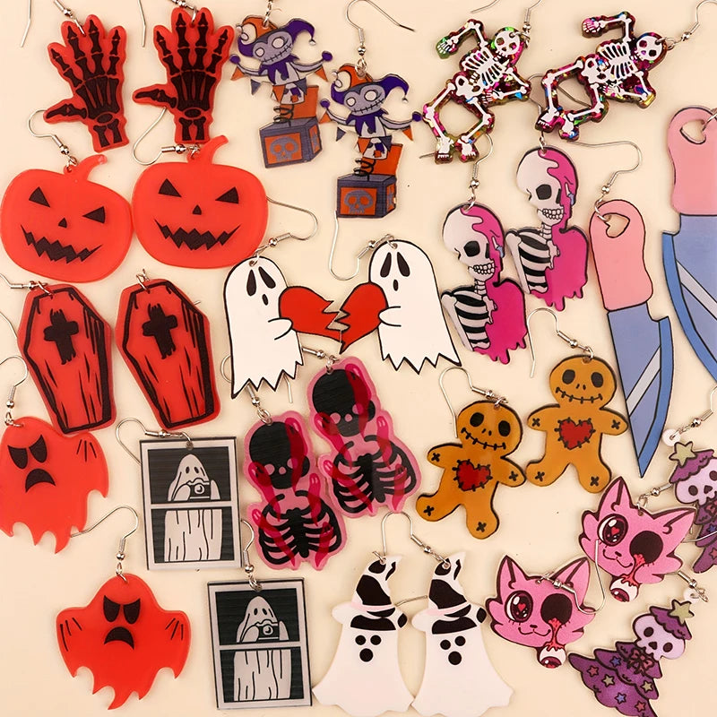 Halloween Dangle Earring With Cartoon Ghost Skeleton Coffin Clown Design Adorable Halloween Women Gift - Charlie Dolly