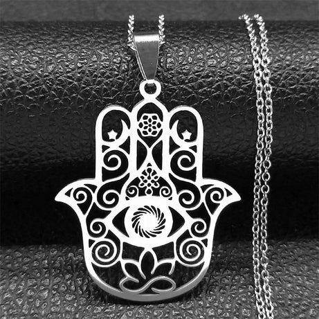 Hamsa Hand of Fatima & Lotus Interfaith Necklace, Muslim & Jewish Sacred Talisman