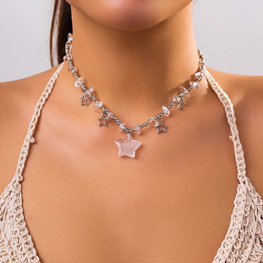 Boho Kpop Colorful Irregular Natural Stone Hollow Star Pendant Choker Necklace Women Goth Beads Chain Y2K Jewelry Accessorie New - Charlie Dolly