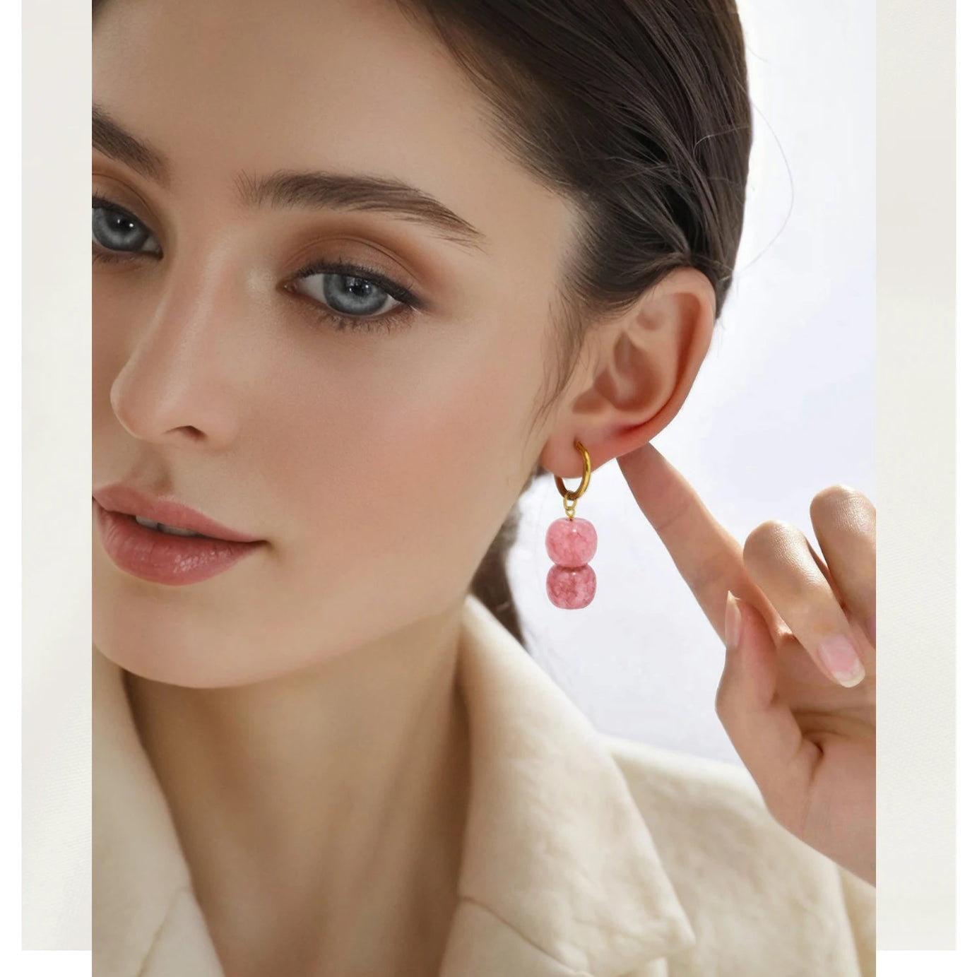 Natural Stone Charm Hoop Drop Earrings, Stainless Steel Trendy Boho Jewelry