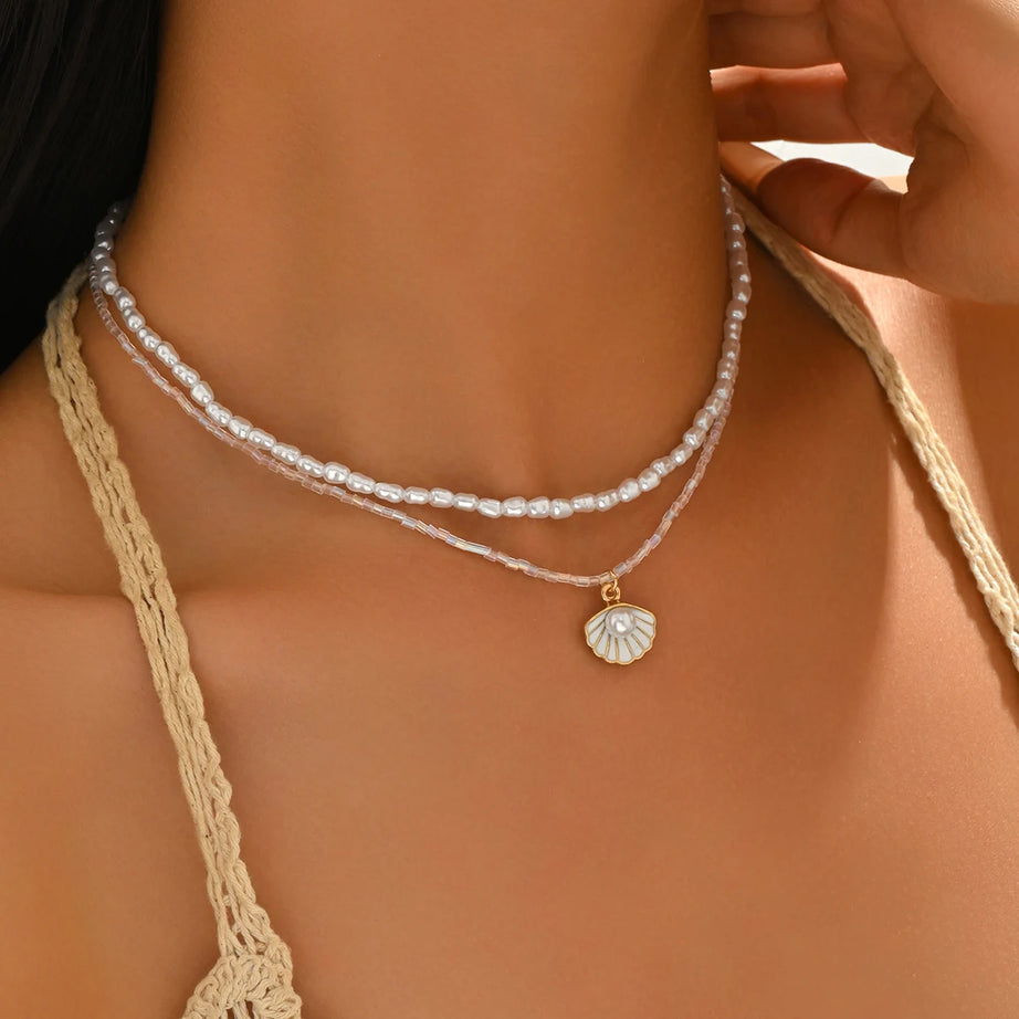 Glass Bead Pearl Shell Layered Necklace Set Jewelry