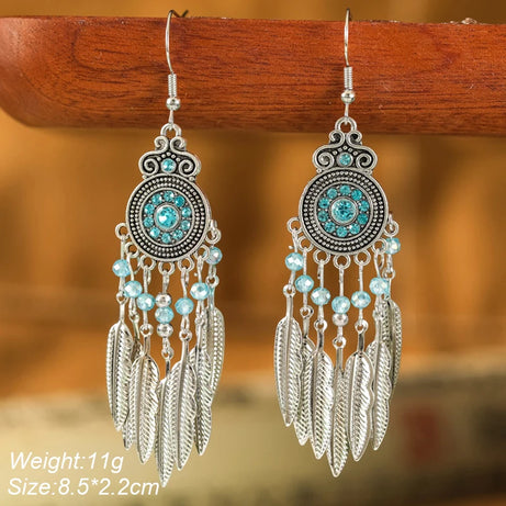 Blue Enamel Feather Crystal Long Earrings Jewelry