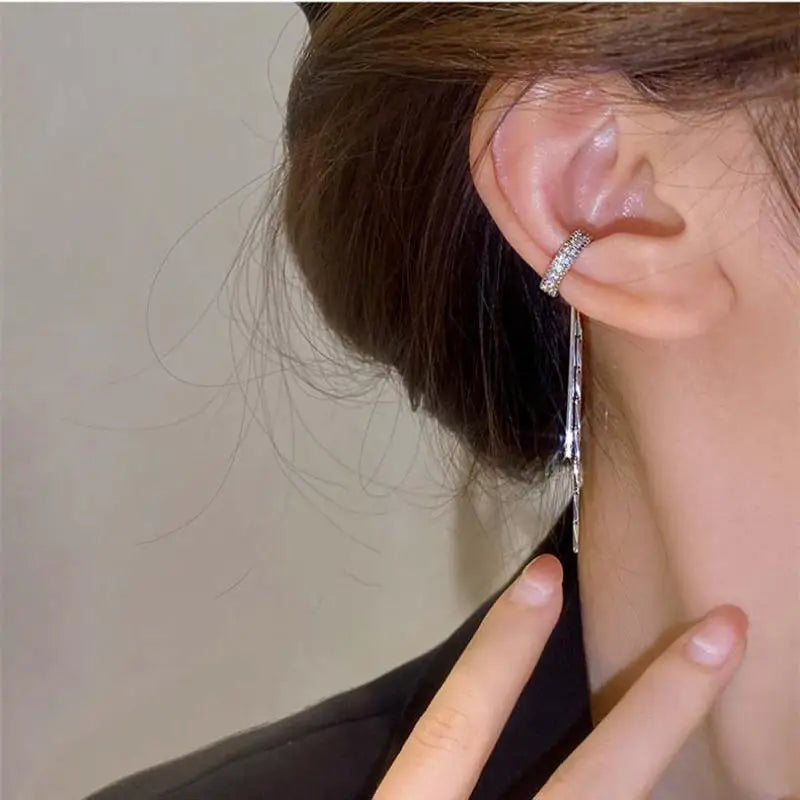 2023 New Fashion Zircon Shining C Shape Long Tassel Ear Cuff No Piercing Earrings Female Design Simple Ear Clip Party Jewelry - Charlie Dolly