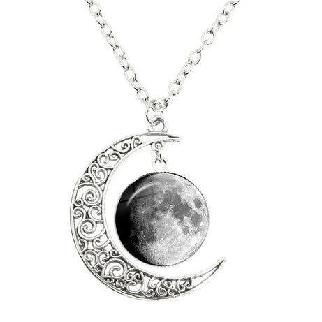 Lunar Phase Glass Dome Pendant Necklace, Full Moon & Eclipse Talisman