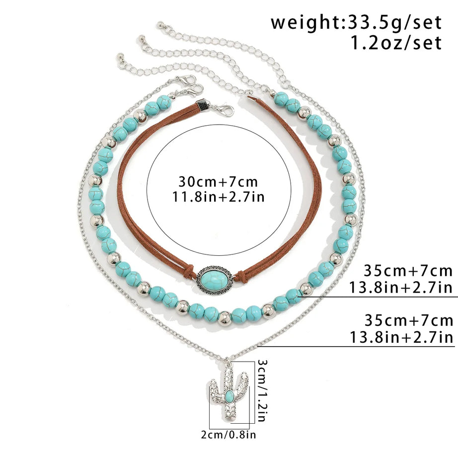 Cactus Pendant Turquoise Bead Layered Necklace Jewelry