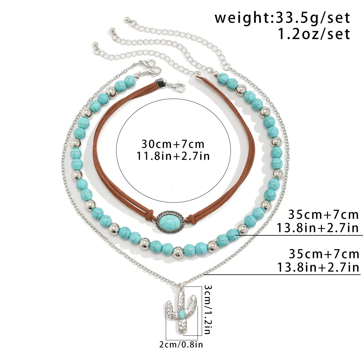 Cactus Pendant Turquoise Bead Layered Necklace Jewelry