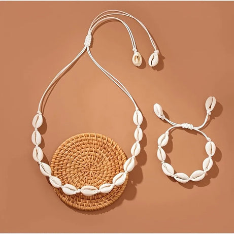 Handmade Braided Shell Necklace and Bracelet Boho Set