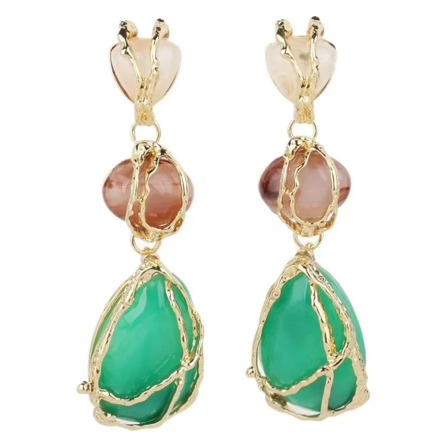Natural Resin Waterdrop Metal Mesh Earrings For Women Retro Crystal Geometric Dangle Ear Stud Charms Party Jewelry Boho Gifts