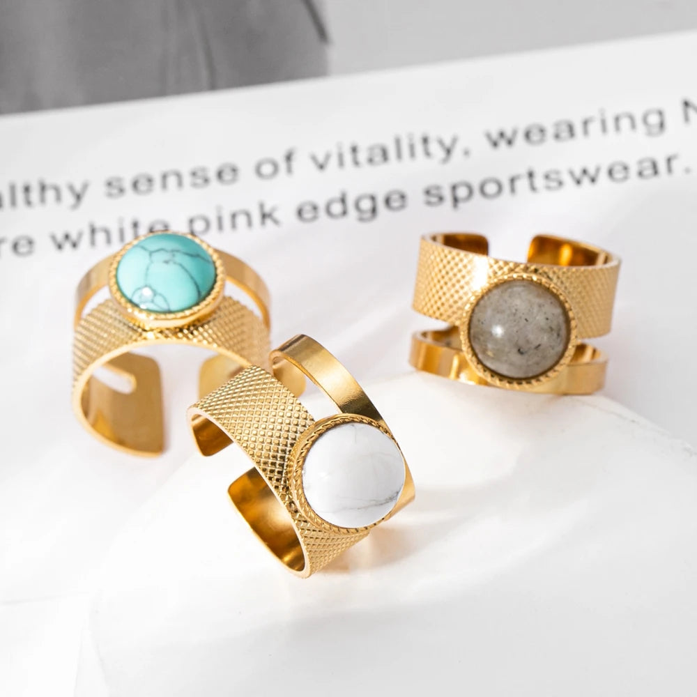 WILD & FREE Boho Stainless Steel Rings For Women Glamour Trendy Gold Color Inlaid Natural Stone Statement Jewelry