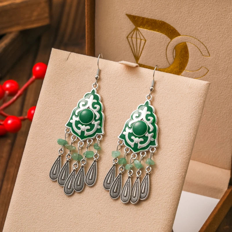 Fashion Boho Green Enamel Feather Earrings for Women Elegant Crystal Bead Stone Water Drop Earring Vacation Party Daily Jewelry