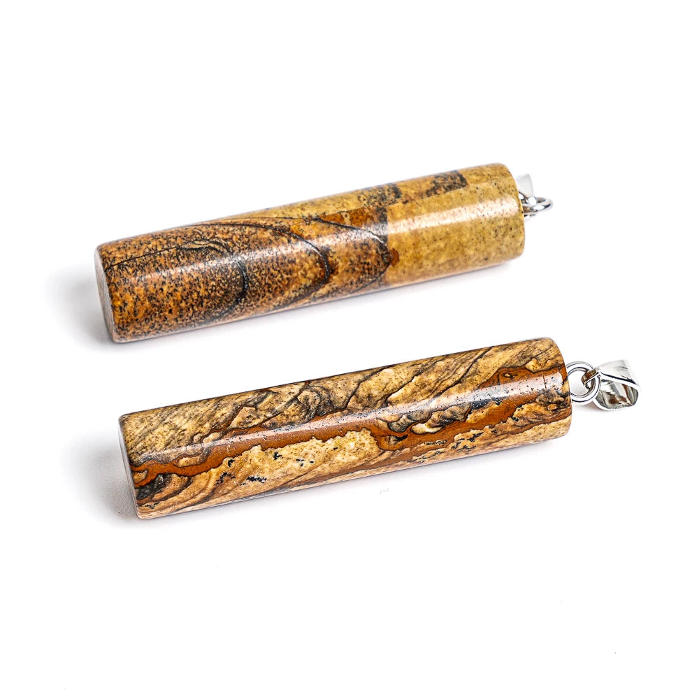 NATURAL PICTURE JASPER CYLINDRICAL PENDANT BROWN STONE 50X12MM FOR BOHO JEWELRY MAKING DIY NECKLACE BRACELET CHARM GIFT FOR HER