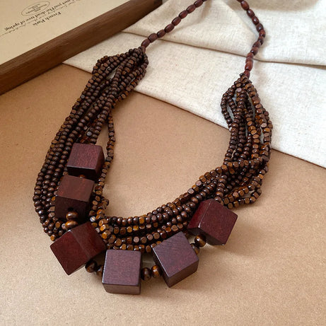 Cubic Wood Bead Multilayer Statement Necklace Jewelry