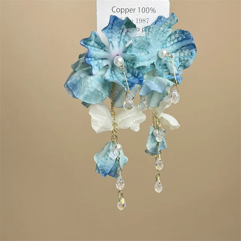 Boho Fashion Blue Flower Long Tassel Earrings For Women Exaggerated Cloth Petal Earrings Vacation Party Lady Jewelry Accessories