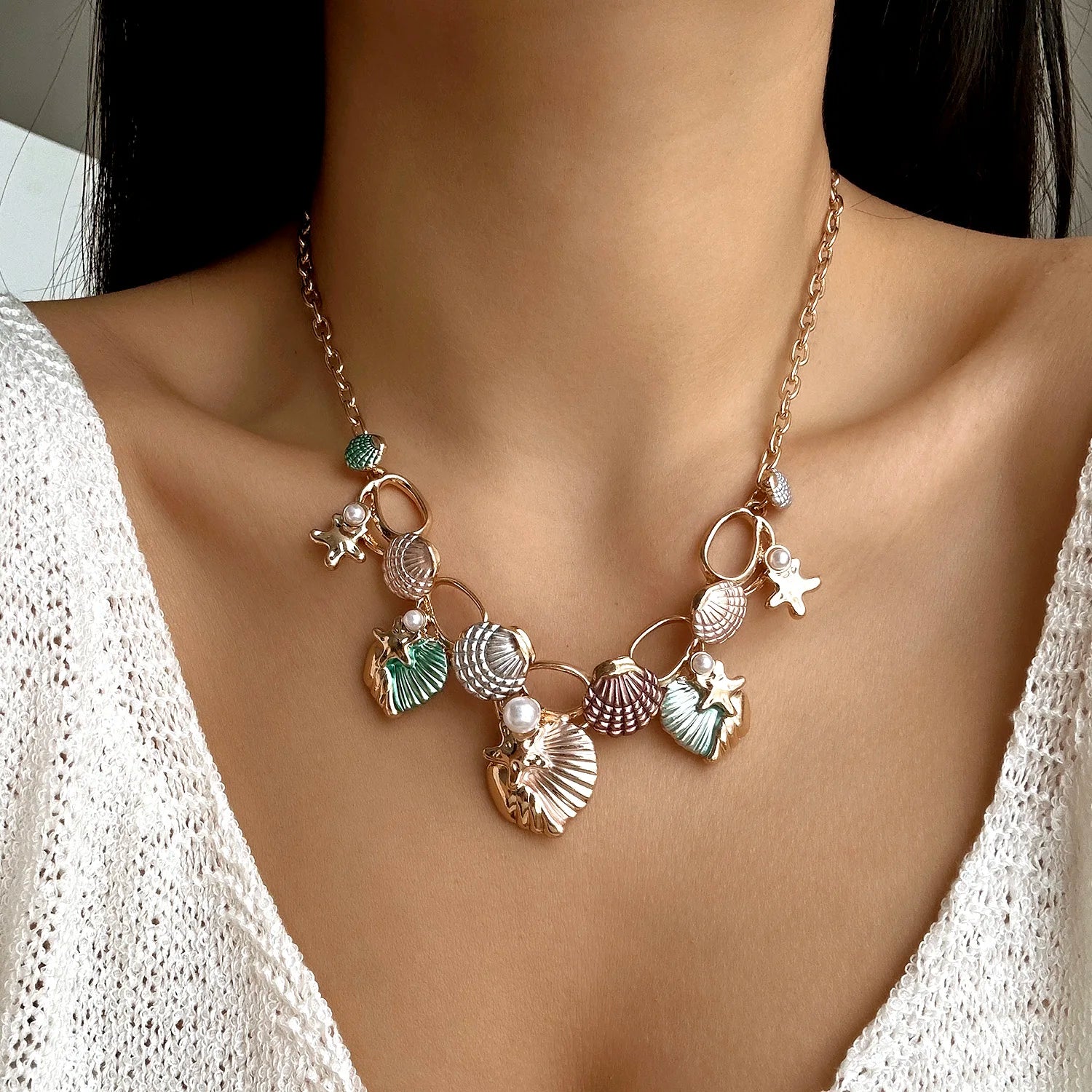 Boho Starfish Shell Coral Pearl Pendant Necklace For Women Shiny Crystal Zircon Dripping Oil Beach Clavicle Choker Charm Jewelry