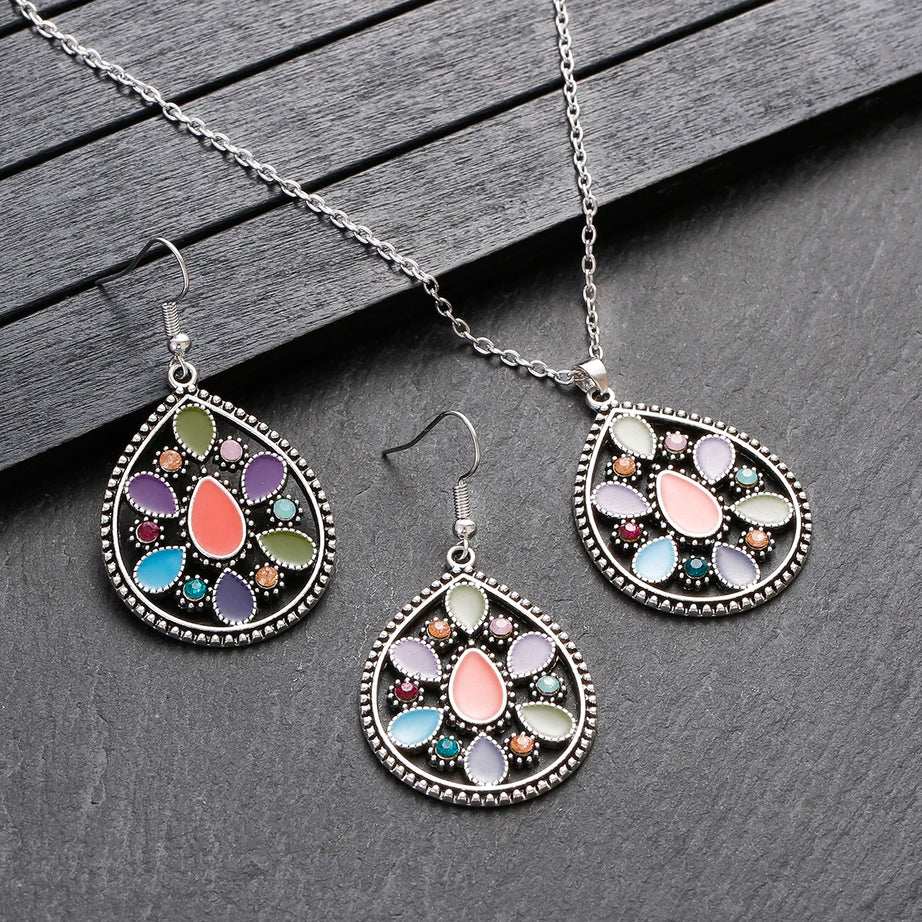 Colorful Bead Flower Necklace Earring Set Jewelry