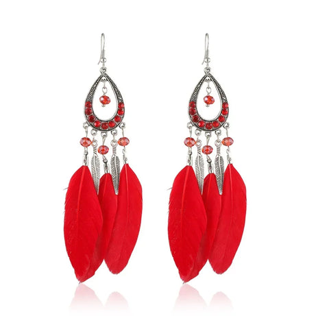 Feather Crystal Tassel Boho Dangle Earrings Jewelry