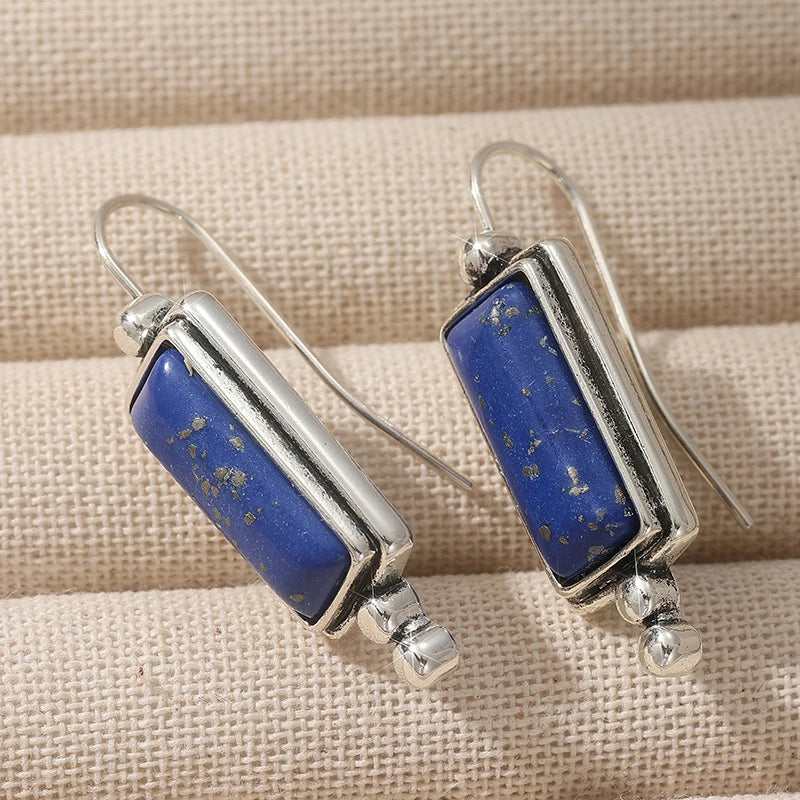 Ethnic Silver Color Imitation Lapis Lazuli Dangle Women's Earrings Square Daily Wear