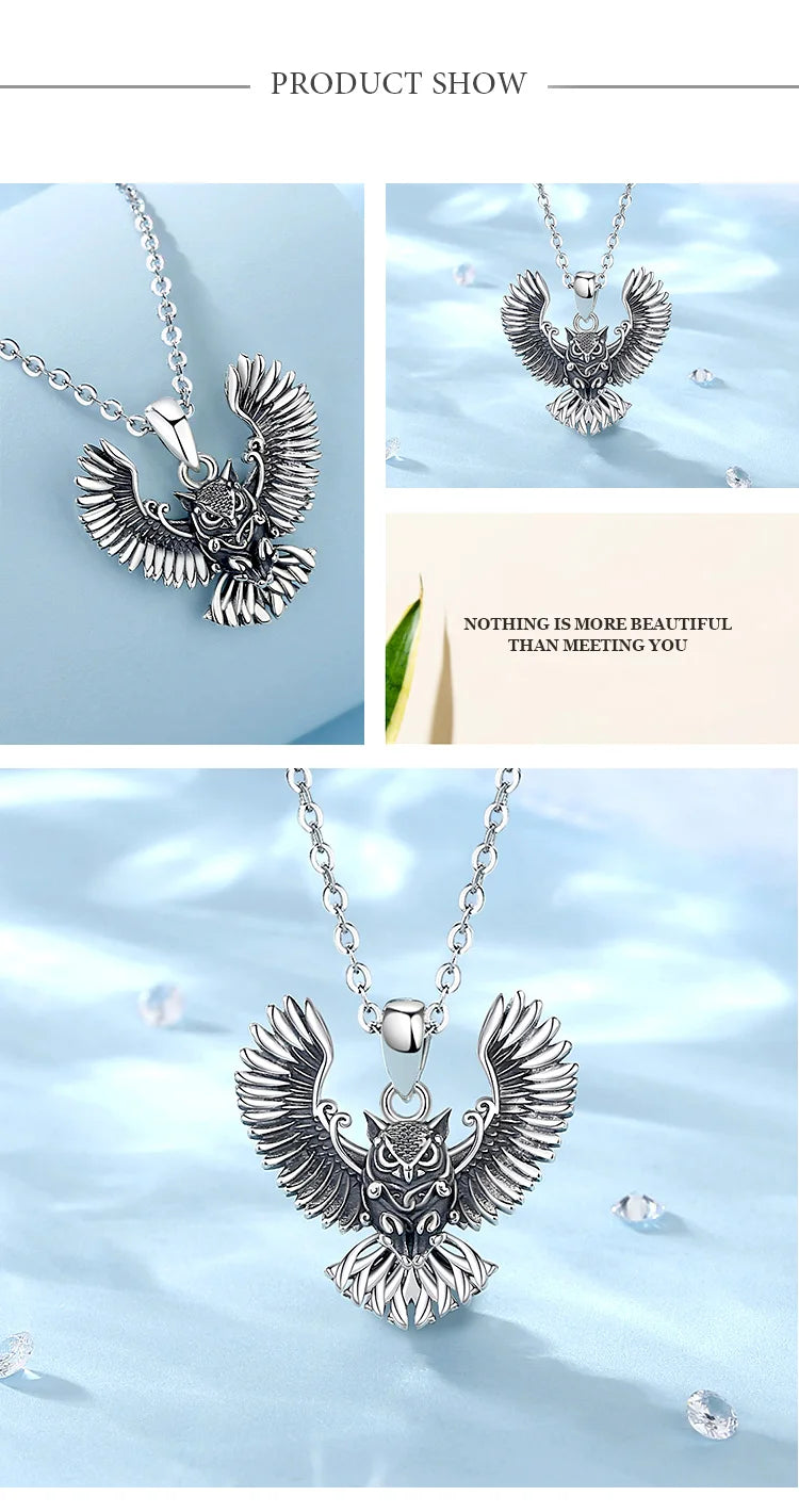 Eudora 925 Sterling Silver Cool Owl Necklace for Women Man Vintage Hip Hop Owl Amulet Pendant Personality Jewelry Party Gift