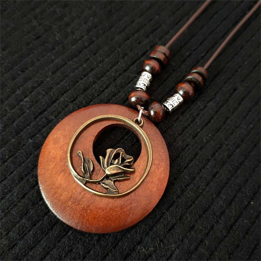 Wood Owl Leaf Pendant Wax Rope Necklace Jewelry